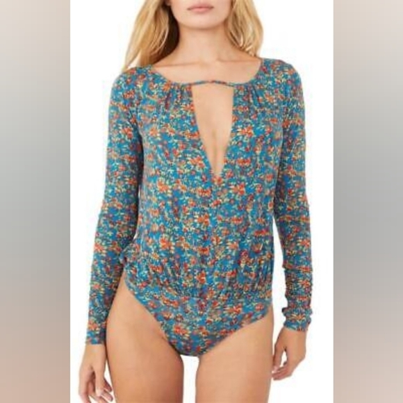 NWT Free People Kaya Print Cutout Bodysuit in Turquoise Combo Small - Picture 3 of 10